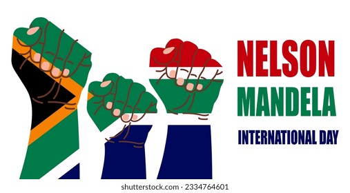 International Nelson Mandela Day vector illustration with south africa flag and hands showing strength, unity, and power. perfect for poster or banner