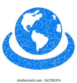 International Network grainy textured icon for overlay watermark stamps. Flat symbol with dust texture. Dotted vector blue ink rubber seal stamp with grunge design on a white background.