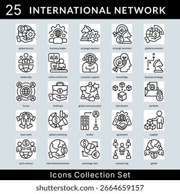 Colección de conjunto de iconos de red internacional en estilo de esquema. un paquete de iconos contiene negocios estratégicos, economía global, liderazgo, conferencia en línea, Asistencia al cliente, conocimiento, estrategia comercial, fo