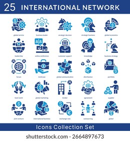 Colección de conjunto de iconos de red internacional en estilo de glifo sólido. un paquete de iconos contiene negocios estratégicos, economía global, liderazgo, conferencia en línea, Asistencia al cliente, conocimiento, negocios