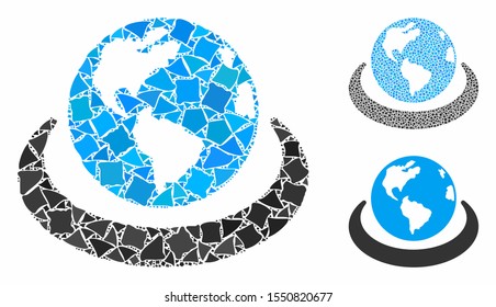 International network mosaic of joggly parts in different sizes and color tints, based on international network icon. Vector raggy parts are grouped into collage.