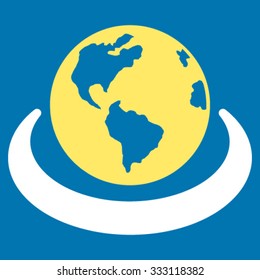 International Network vector icon. Style is bicolor flat symbol, yellow and white colors, rounded angles, blue background.