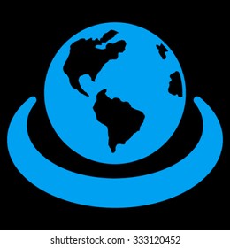 International Network vector icon. Style is flat symbol, blue color, rounded angles, black background.
