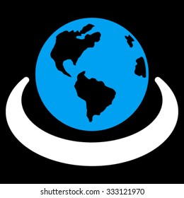 International Network vector icon. Style is bicolor flat symbol, blue and white colors, rounded angles, black background.