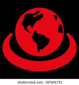 International Network vector icon. Style is flat symbol, red color, rounded angles, black background.