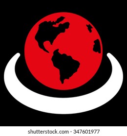International Network vector icon. Style is bicolor flat symbol, red and white colors, rounded angles, black background.