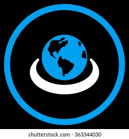 International Network vector icon. Style is bicolor flat circled symbol, blue and white colors, rounded angles, black background.