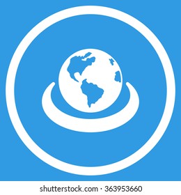 International Network vector icon. Style is flat circled symbol, white color, rounded angles, blue background.