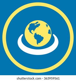 International Network vector icon. Style is bicolor flat circled symbol, yellow and white colors, rounded angles, blue background.