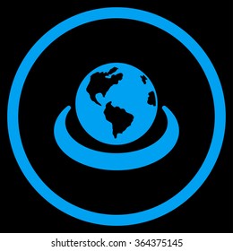 International Network vector icon. Style is flat circled symbol, blue color, rounded angles, black background.