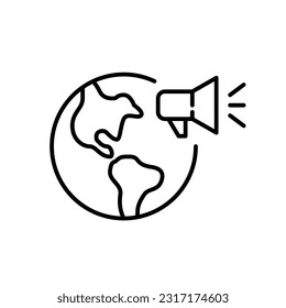 International news coverage. Earth and megaphone. Pixel perfect, editable stroke