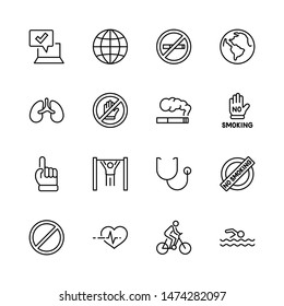 International No Tobacco Day Set Line Vector Icons. Contains such Icons as Lungs, Cigars, Cigarettes, Smoking, Globe, smoking Cessation and more. Editable Stroke 32x32 Pixels