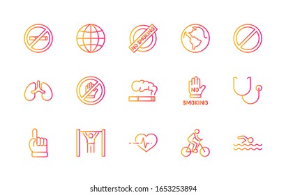 International No Tobacco Day Set Line Vector Icons. Contains such Icons as Lungs, Cigars, Cigarettes, Smoking, Globe, smoking Cessation and more. Editable Stroke 32x32 Pixels