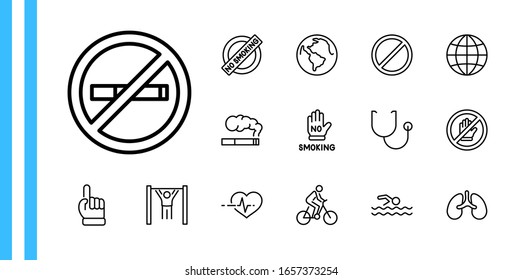 International No Tobacco Day Set Line Vector Icons. Contains such Icons as Lungs, Cigars, Cigarettes, Smoking, Globe, smoking Cessation and more. Editable Stroke 32x32 Pixels