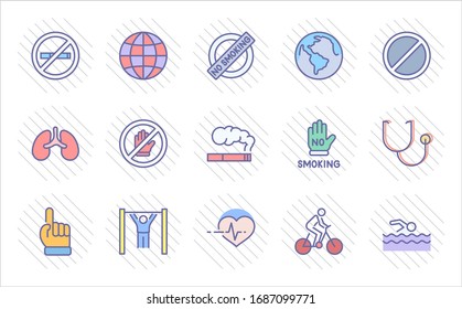 International No Tobacco Day Set Line Vector Icons. Contains such Icons as Lungs, Cigars, Cigarettes, Smoking, Globe, smoking Cessation and more. Editable Stroke 32x32 Pixels