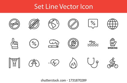 International No Tobacco Day Set Line Vector Icons. Contains such Icons as Lungs, Cigars, Cigarettes, Smoking, Globe, smoking Cessation and more. Editable Stroke 32x32 Pixels