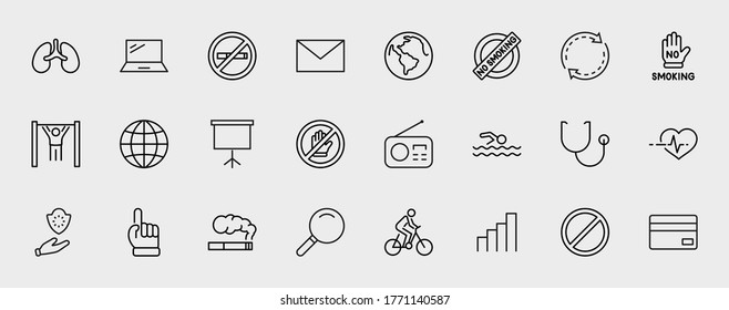 International No Tobacco Day Set Line Vector Icons. Contains such Icons as Lungs, Cigars, Cigarettes, Smoking, Globe, smoking Cessation and more. Editable Stroke 32x32 Pixels