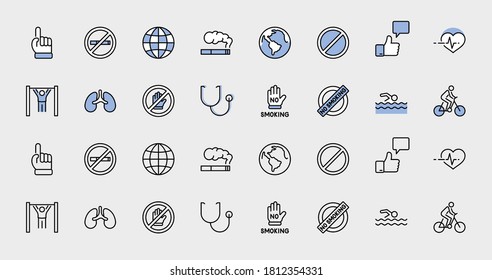 International No Tobacco Day Set Line Vector Icons. Contains such Icons as Lungs, Cigars, Cigarettes, Smoking, Globe, smoking Cessation and more. Editable Stroke 32x32 Pixels