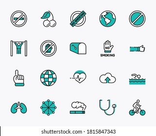 International No Tobacco Day Set Line Vector Icons. Contains such Icons as Lungs, Cigars, Cigarettes, Smoking, Globe, smoking Cessation and more. Editable Stroke 32x32 Pixels