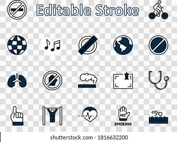 Día Internacional Sin Tabaco Fija Iconos Vectores De Línea. Contiene íconos como pulmones, cigarros, cigarrillos, tabaco, globo, tabaco y más. Estroque editable 32x32 píxeles