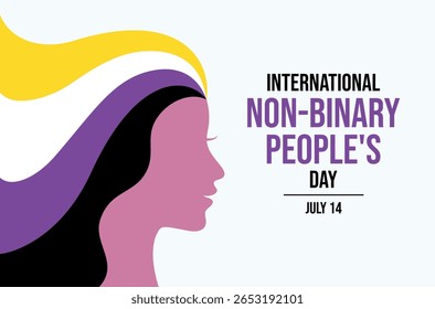 International Non-Binary People's Day poster vector illustration. Female head in profile with long rainbow hair icon. LGBTQIA love symbol. Template for background, banner, card. July 14 each year