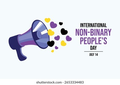 Ilustração vetorial do cartaz do Dia Internacional das Pessoas Não-Binário. Alto-falante alto e coração forma ícone. Símbolo de amor de megafone não binário LGBTQIA. Modelo para plano de fundo, banner, cartão. 14 de julho de cada ano
