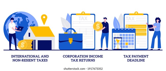 International And Non-resident Taxes, Corporation Income Tax Return, Payment Deadline Concept With Tiny People. Tax Planning And Preparation Abstract Vector Illustration Set. Vat Refund, Fiscal Year.