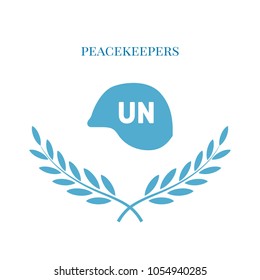 international non-UN peacekeepers day, vector illustration, flat silhouette, blue, white, hard hat, olive branch, text banner, poster, logo, soldiers, nations, united