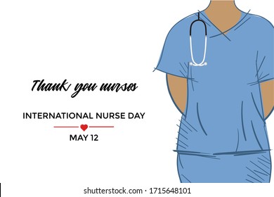 International Nurse Day Campaign Design. Sketch Of A Nurse In Blue Uniform With Stethoscope On White Background With Text On The Left. Vector Illustration.