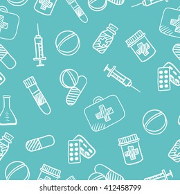 international nurse day card, pharmacy vector elements, seamless doodle pattern