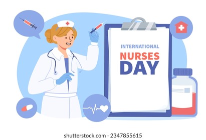International nurse day concept. Woman in medical gown with syringe near notepad. International holiday and festival. Health care, diagnosis and treatment. Cartoon flat vector illustration