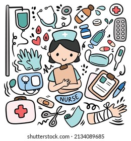 International Nurse Day Doodle, Hand Drawn Medical Equipment Clip Art Vector Illustration