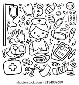 International Nurse Day Doodle, Hand Drawn Medical Equipment Clip Art Vector Illustration