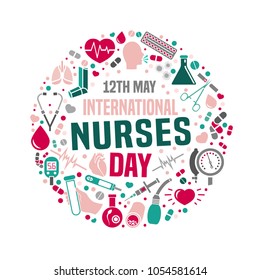 International nurse day image. Vector illustration in pink, green and grey colors isolated on a white background. Medical and healthcare concept.