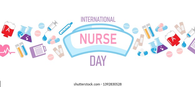 International nurse day lettering on big nurse hat and colorful icon and object of medical nursing isolate on white background. Web banner vector design of International nurse day.