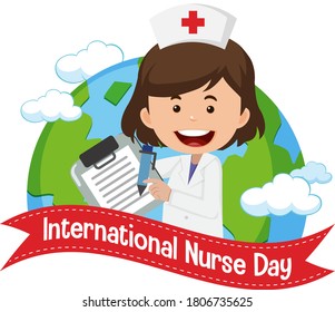 International Nurse Day logo with cute nurse on globe background illustration