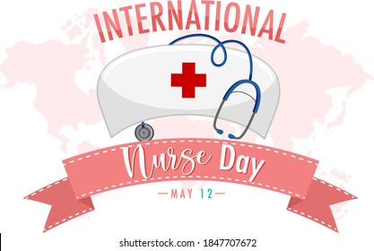 International Nurse Day logo with nurse's cap on world map background illustration