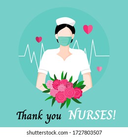 International nurse day, may12. Nurse, mask and bouquet with thank you word