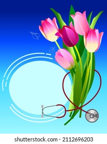 International nurse day vertical banner  Modern vector illustration in  blue colors  background with pink tulips and stethoscope   space for text  Medical and healthcare concept