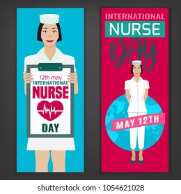 International nurse day vertical banners. Vector illustration in pink and blue colors isolated on a dark grey background. Medical and healthcare concept.