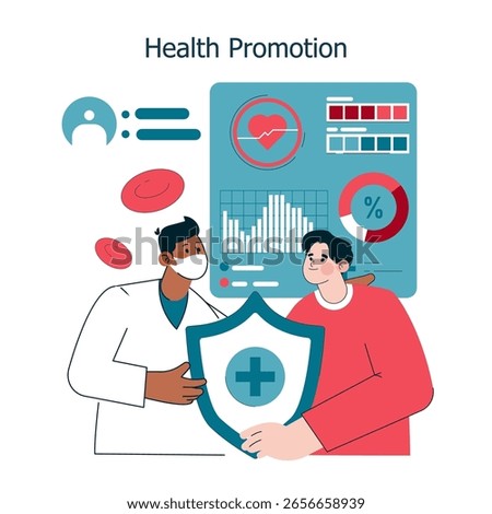 International Nurses Day celebration emphasizing health promotion. The illustration shows healthcare professionals discussing patient care and well-being through data analysis and teamwork. Vector