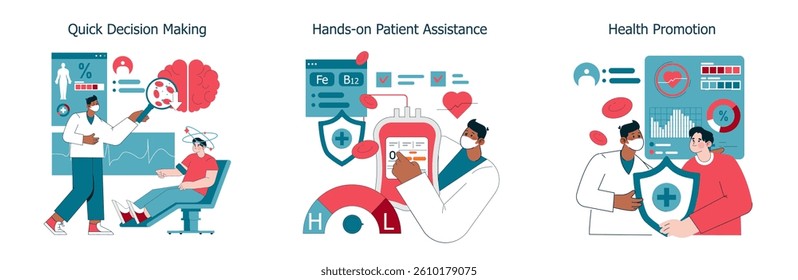 International Nurses Day celebration focuses on quick decision making, hands-on patient assistance, and health promotion. This illustration highlights the vital roles nurses play in healthcare. Vector