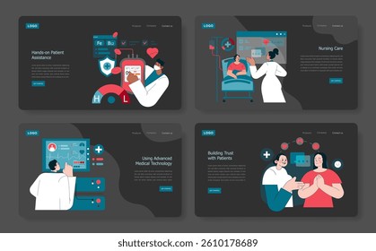 International Nurses Day celebration focusing on the vital role of nurses. Illustrations depict patient assistance, medical technology, nursing care, and trust-building in healthcare. Vector