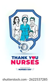 International nurses day celebration Vertical Poster design. Happy Family thanking and appreciating Medical healthcare Nurse.