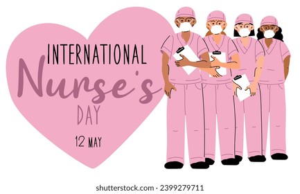 International Nurse's Day. The concept of a happy nurse's day. Medical education. The concept of healthcare medicine. Heart. Diversity, pink, equality, feminine. Vector illustration design. May 12