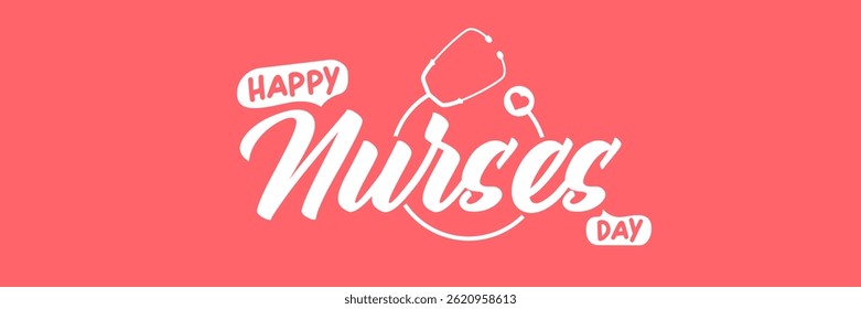Internationale Krankenschwestern Tag niedlichen Vektor breiten horizontalen Banner und Poster mit Stethoskop einzeln auf rosafarbenem Hintergrund. Vektor 12 Mai Happy Krankenschwestern Tag Symbol, Etikett, Zeichen, Sticker-Design-Vorlage