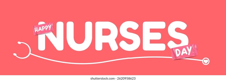 Día internacional de las enfermeras lindo Vector Horizontal ancho Anuncio y cartel con estetoscopio aislado sobre fondo rosa Vector 12 de mayo Icono de feliz día de las enfermeras, etiqueta, signo, Plantilla de diseño de pegatina