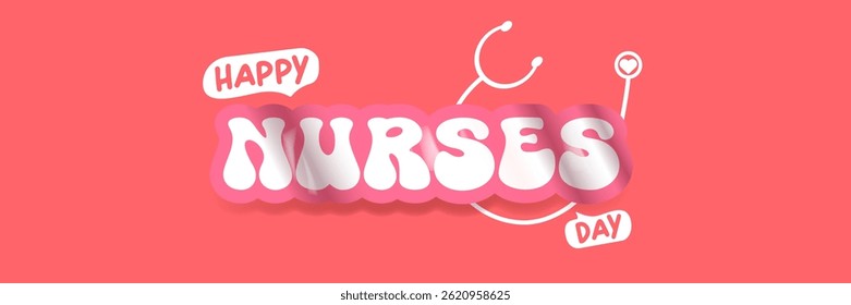 International nurses day cute vector wide horizontal banner and poster with stethoscope isolated on pink background. vector 12 May Happy nurses day icon, label, sign, sticker design template