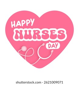 Día internacional de las enfermeras lindo Vector forma de corazón Anuncio y cartel con estetoscopio aislado sobre fondo rosa Vector 12 de mayo Feliz día de las enfermeras icono del corazón, etiqueta, signo, Plantilla de diseño de pegatina