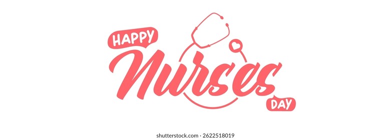 Día internacional de las enfermeras lindo Vector ancho Anuncio Horizontal y cartel con estetoscopio aislado sobre fondo blanco Vector rosa 12 de mayo Icono de feliz día de las enfermeras, etiqueta, signo, Plantilla de diseño de pegatina